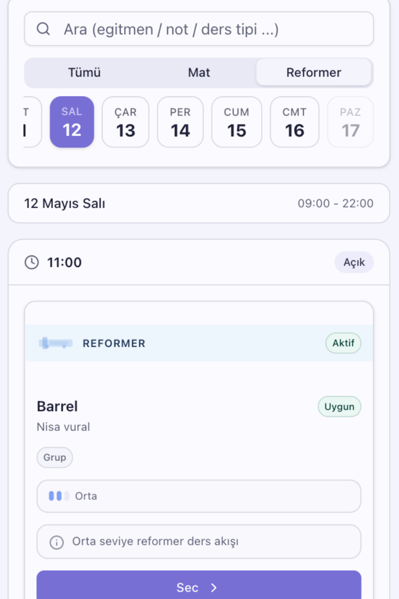 Aura Pilates booking screen